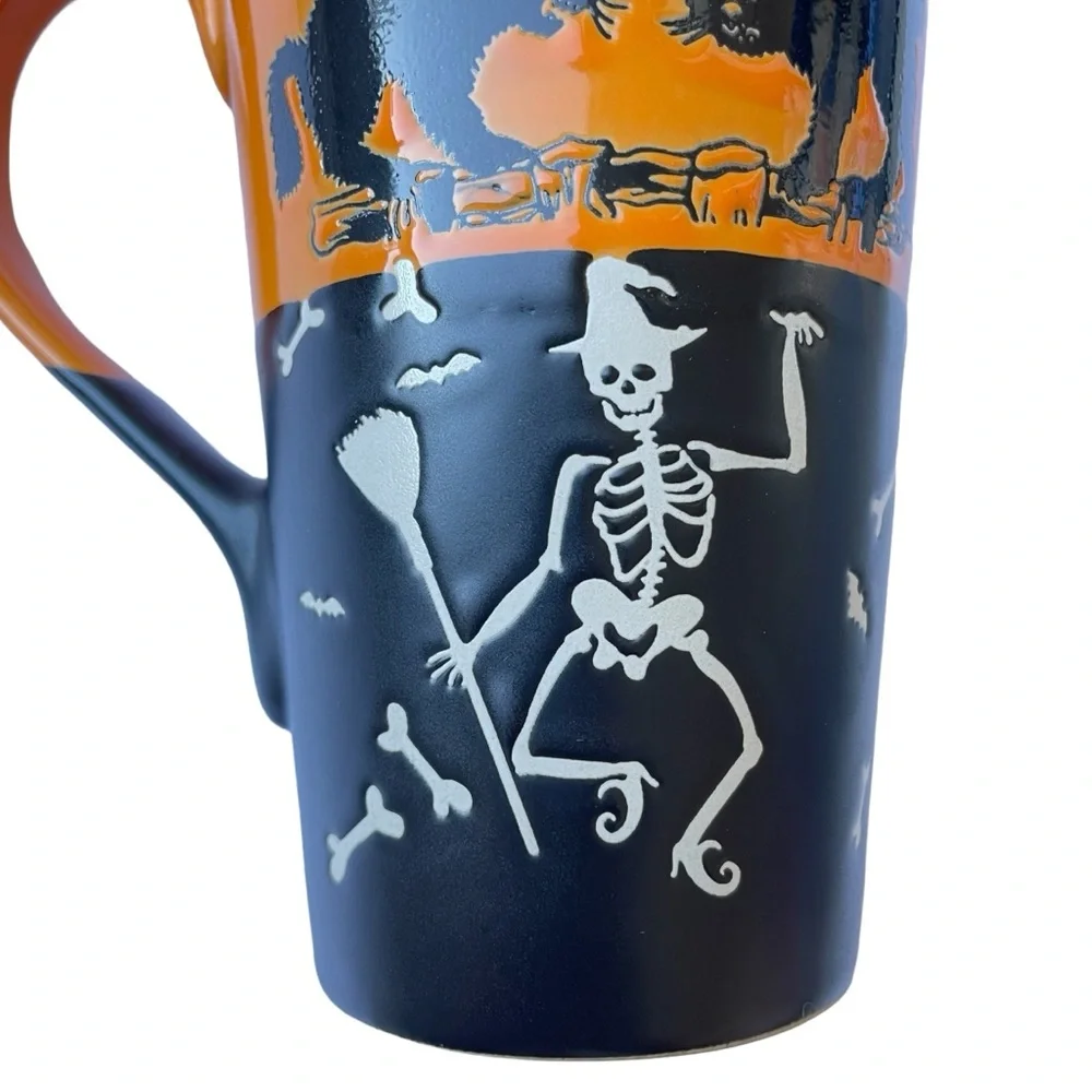 Halloween Tall 17 Oz Ceramic Mug Skeleton Black Cat Haunted House NEW - Picture 5 of 7